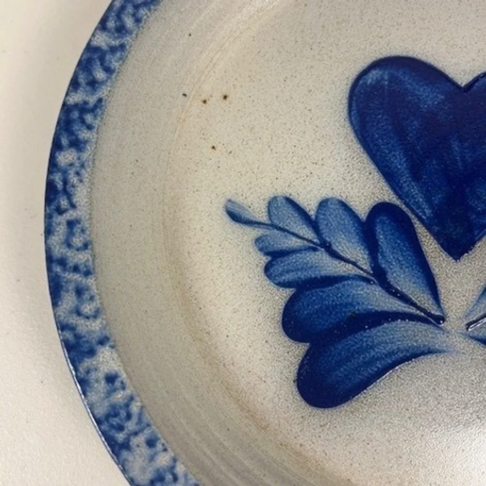 Eldreth Pottery Salt Glazed Cobalt‎ Blue Heart Leaves Pie Plate Signed MCM